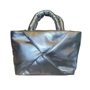 A New Day Metallic Silver Quilted Puffer Handbag  Statement Bag, Everyday Tote